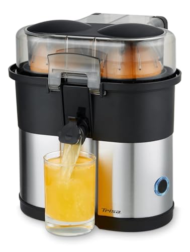 Trisa Vita Xpress Duo Elektrische Zitruspresse – Automatische Orangenpresse mit Doppel-Presskegel & integriertem Fruchtschneider, Edelstahl, 2 Siebe für Fruchtfleisch, BPA-frei, Spülmaschinengeeignet