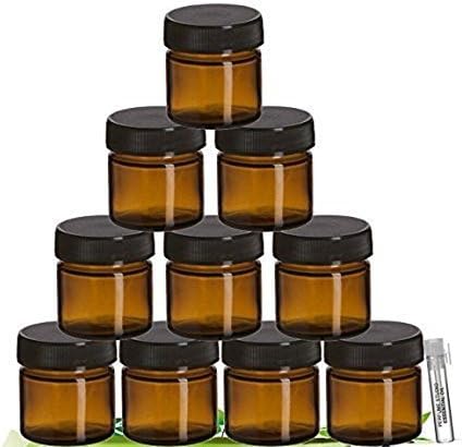 Perfume Studio­® Amber Glass Jar Set with Black Screw Lids For Cosmetics, Ointments, Salves, Skincare, Storage & More (25 ml - 10 Jars), Complimentary Sample Oil Inncluded