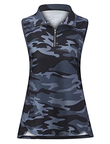 Koscacy Women's Side Spilt Sleeveless Golf Tennis Polo Shirts Zip Up Workout Tank Tops Camo Medium #TOP2
