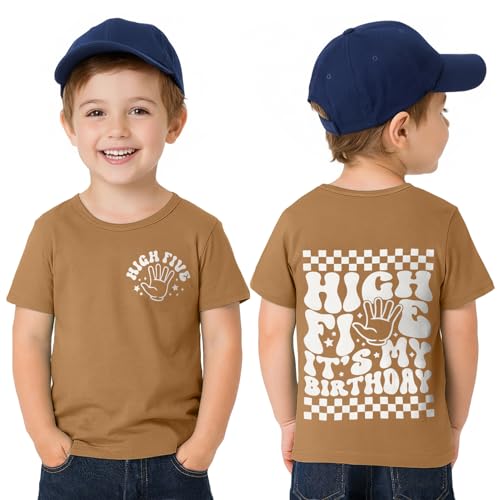 5th Birthday Shirt Toddler Boy 5 Year Old Birthday T-Shirt Short Sleeve 2-Sided Print Tee Tops Outfit (Camel Brown 5T)