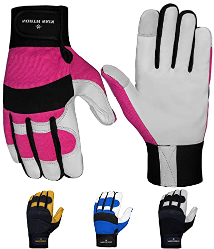 NORTH SKIN Guantes de trabajo pesados Guantes de jardinería a prueba de espinas Pantalla táctil de piel de vaca Resistentes a desgarros para construcción mecánica para hombres y mujeres (M, Rosa) Cover