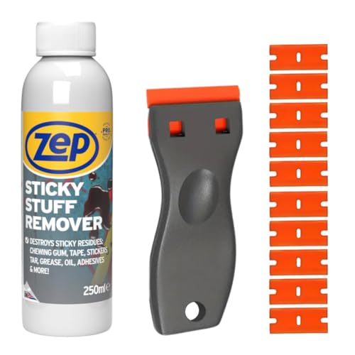Zep Sticky Stuff Remover 250ml and Scraper Tool Bundle with 10 Plastic blades - Adhesive & Sticker Remover