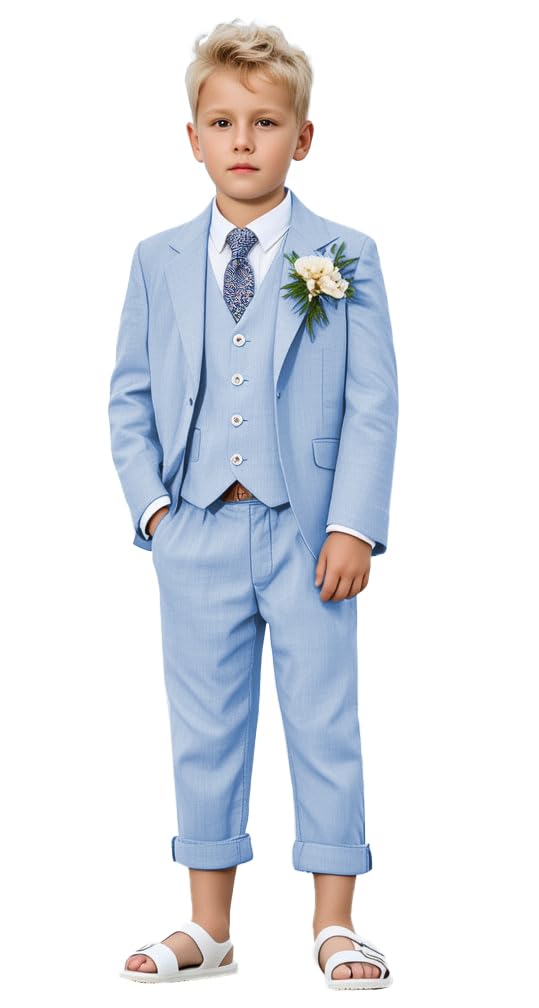 Botong Boys Light Blue 3 Piece Formal Tuxedo Suit For Kids Notch Lapel Toddler Suit For Ring Bearer Outfit 10T