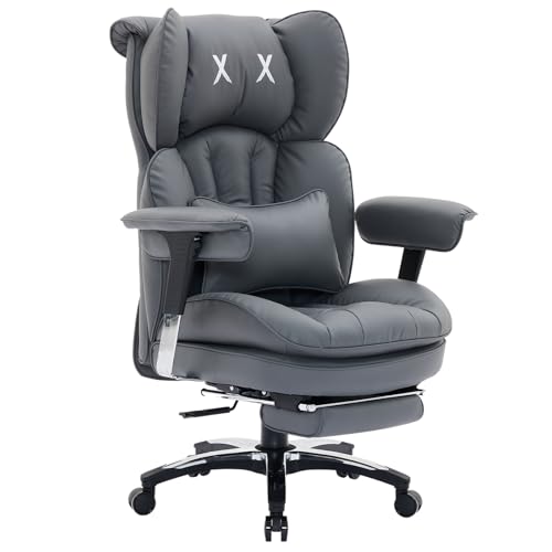 Efomao Bürostuhl, X-Stickerei Big and Tall Stuhl aus PU Leder für Zuhause, Verstellbarer Hochlehner Computer Gaming Stuhl, 200 kg drehbarer Chefsessel mit Fußstütze und Lendenwirbelstütze, Grau
