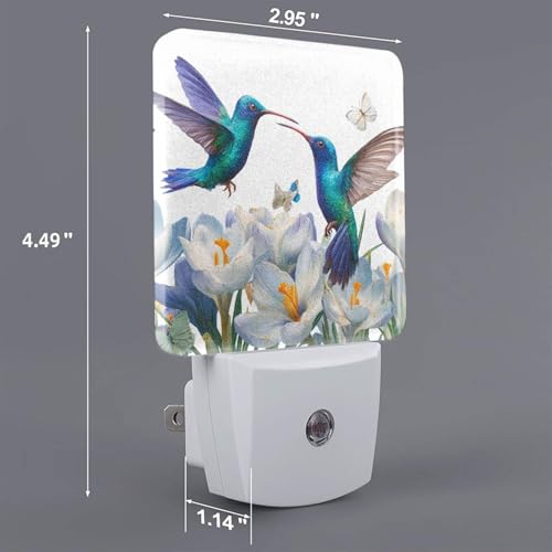 Image of Blue Hummingbirds Night Light Set of 2, White Flowers Auto Sensor LED Dusk-to-Dawn Nightlights, Plug-in Sensor Lamp for Bedroom Bathroom Kitchen Hallway Stairs Decorative