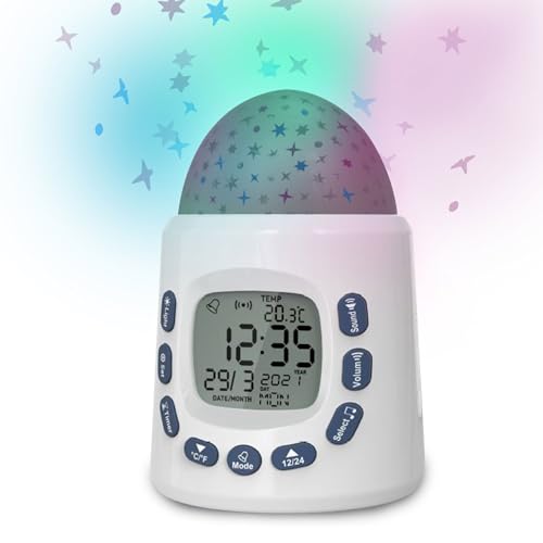 Miraval Sternenwecker mit LED-Projektor, 10 Schlafmelodien, Temperaturanzeige, Datum, Dual-Alarm, Farbwechsel-Licht