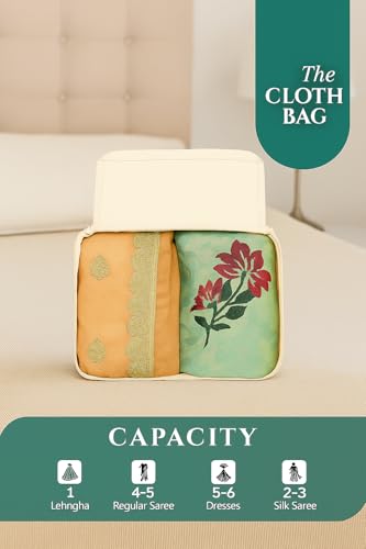 Image of Cotton Canvas Storage Bags for Sarees & Lehengas | Pack of 3 | Zip Closure with Transparent Window | Foldable Clothes Organizer for Wardrobe (17 x 14 x 7 inch, Beige)