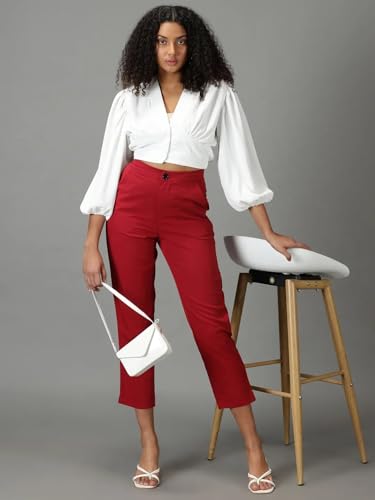 Image of SHOWOFFFF Women Solid Formal Trousers | Cotton Trouser for Womens | Mid-Rise Mom Fit Regular Length Trousers for Women's