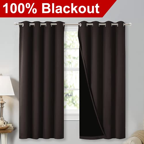 Image of NICETOWN Extra Long Truly Blackout Drapes for Hall and Villa, 46-inch Width Each Panel, 45-inch Length, Brown, 2 Pieces, 100% Blackout Window Curtain Panels with Black Lined for Night Shift Worker