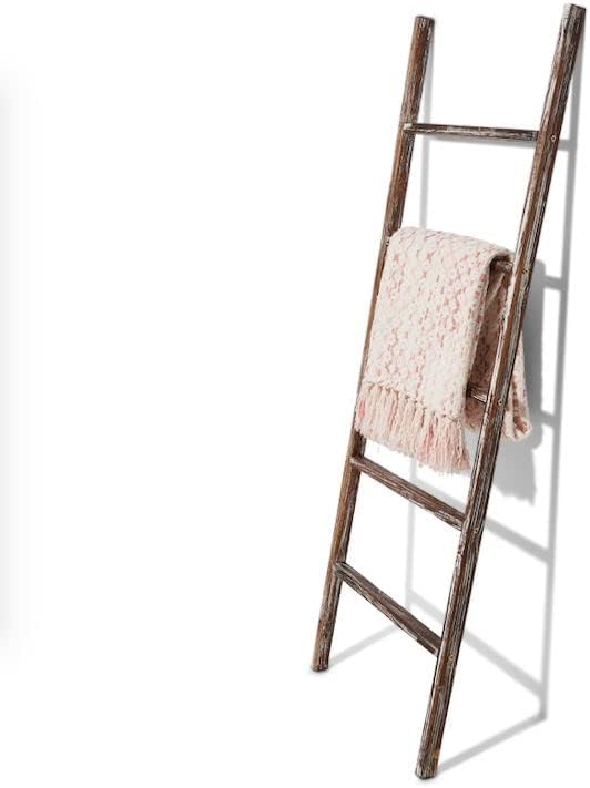 Farmhouse Accents USA Rustic Blanket Ladder – Dark Brown & White Distressed Stain – Throw Blanket Storage – Living Room Decor – Bathroom Towel Rack – Decorative Farmhouse Stand – 5 Foot