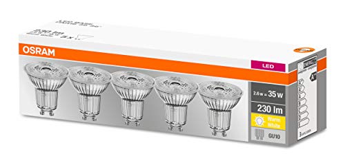 Osram Podstawa LED PAR16, gwint: GU10, bez możliwości ściemniania, ciepła biel, zastępuje tradycyjną lampę 35 W, kąt świecenia 36 stopni, 5 sztuk