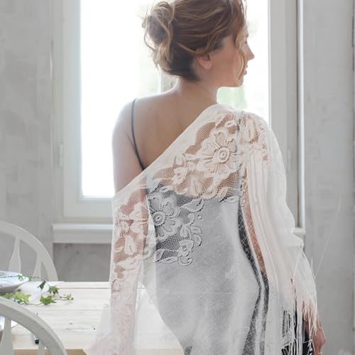 White Lace Shawls Wraps Triangle Scarf with Fringe, Mesh Fringe Shaw for Evening Dresses, Women Soft Lace Scarf with Tassels for Evening Party Dress, Mesh Floral Wedding Shawls2