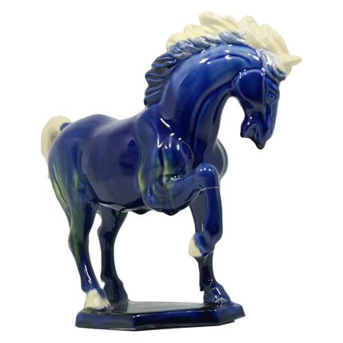 Ceramic Horse Sculpture -8 inch Hand Made Tri-Color Cultural Art Piece,Museum Collection Inspired Home and Office Decor (Blue)