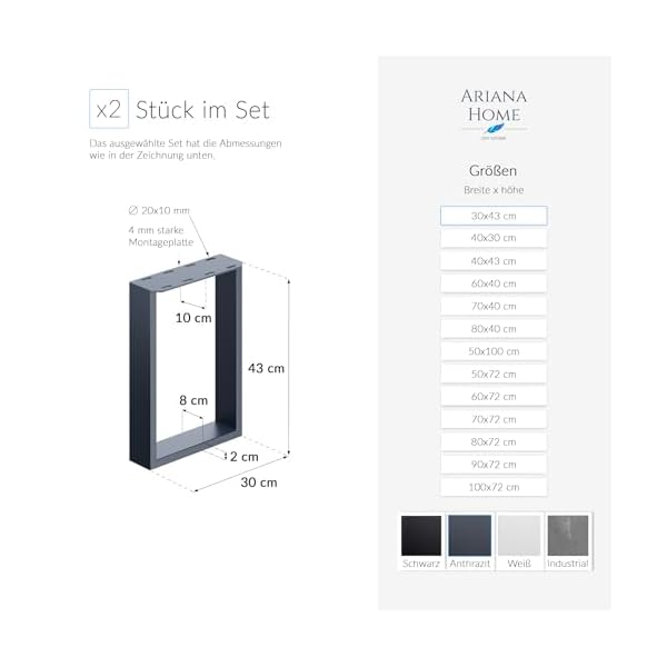 Ariana Home® - 2x PREMIUM Stabil Tischkufen, Tischbeine, Tischgestell, Möbelfüße aus Metall, (Couchtisch, Esstisch, Schreibtisch, Wohnzimmertisch, Sitzbank & andere Möbel) - Schw, Anthra, Indust, Weiß – Bild 7