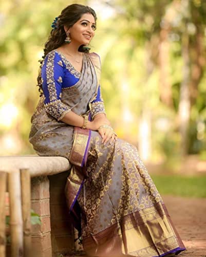 Image of Flosive Women's Present Banarasi Soft Lichi Silk Saree Beautiful Jacquard Rich Pallu Design Work Zari Woven Ayn Kanjivaram Silk Style Saree With Soft Lichi Silk Blouse Piece (Royal Blue)