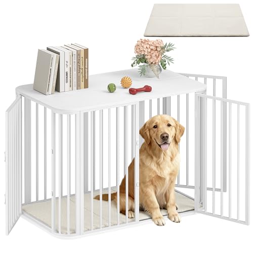 Hzuaneri Hundekäfig Möbel, Indoor Hundebox mit Kissen, Modernes Dreitür-Design, Hochbelastbar Hundekäfige, Beistelltisch aus Holz, Geeignet für Große Hunde, 108 x 66 x 77,5 cm, Weiß DFC86713W