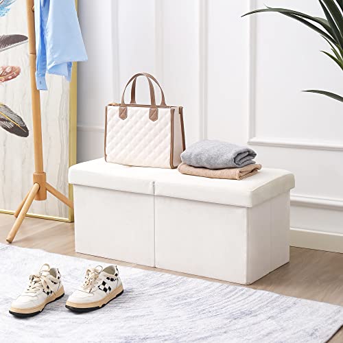 Image of Storage Ottoman Bench Foldable Footrest Foot Stool, 30 inch Velvet Cream | Small Ottoman Foot Rest Seat Shoe Bench Flip-Top forliving Room End of Bed Bedroom Couch Dorm, 80L Folding Upholstered Chair