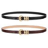 XZQTIVE 2 Pack 0.71'' Womens Skinny Leather Belts for Ladies Thin Waist Belt for Jeans Dress Pants with Fashion Gold Buckle, Black/Coffee, Fits Pant Sizes 37-41 inch