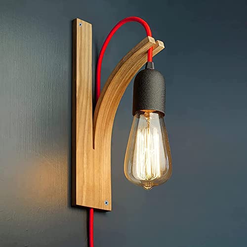 Applique murale interieur vintage Avec Interrupteur, Lampe Murale en Bois, Longueur de câble Ajustable, applique murale industrielle E27 Pour Chambre À Coucher Salon Étude Couloir Bar (Sans Ampoules) Cover