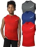 EXARUS 3 Pack Boys Athletic Sleeveless Tank Workout Running Quick Dry Tank Tops with Hooded for Kids 12Y