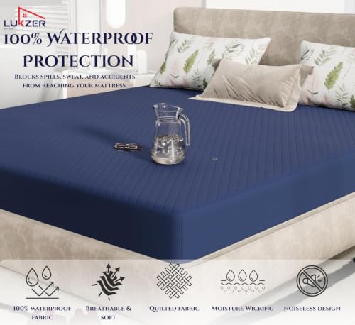 Image of Lukzer 100% Waterproof Quilted Mattress Protector Blue Single Bed 78 x 36 Inches (6.5 x 3 ft) Cotton-Feel Bed Protector Soft Noiseless Hypoallergenic Breathable Elastic Fitted Mattress Cover /Bed Cover