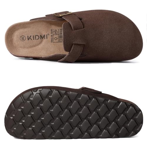Image of KIDMI Genuine Suede Clogs for Women Men Cork Footbed Mules Potato Shoes | Arch Support, Comfortable, Leather Slip On, Fall, Casual, Indoor Outdoor, Non-slip Rubber Sole, Adjustable Metal Buckle
