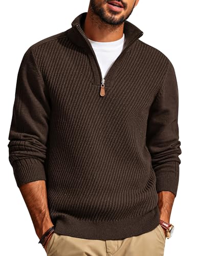 Image of PJ PAUL JONES Mens 1/4 Zip Pullover Sweater Casual Knit Sweater Slim Fit Fashion Texture Sweater Dark Coffee