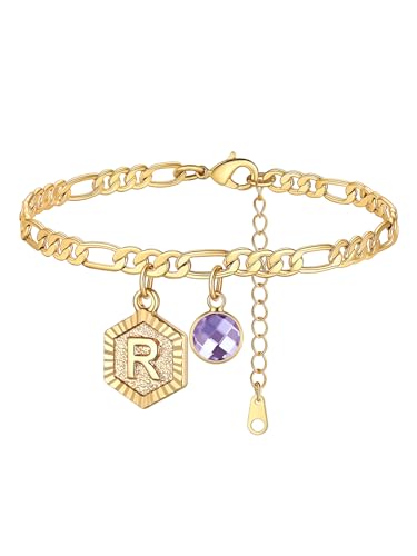 Custom4U Personalised Initial Anklets for Women, Birthstone Hexag...