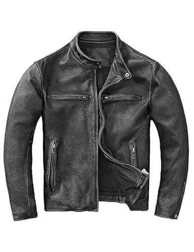 Motorradjacke aus Leder im Used-Look, Echtlederjacke für Herren, Motorradbekleidung für Herren, mit mehreren Taschen und verstellbaren Ärmeln, Schwarzgrau, M