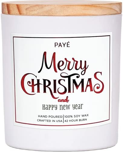 PAYÉ Merry Christmas Candle 100% Soy Wax, Christmas Cookie Scent, Hand Poured 10oz Large White Glass Jar with Wooden Lid - Hand Poured in The USA - All Natural Fragrance Oil, Handmade, 42 Hour Burn