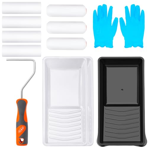 PinStone 12pcs Paint Roller Kit - 4 Inch High Density Foam Small Paint Roller Kit with Special Caved-in and Double-Rounded Foam for Painting Walls, Cabinet, Door, Touch up