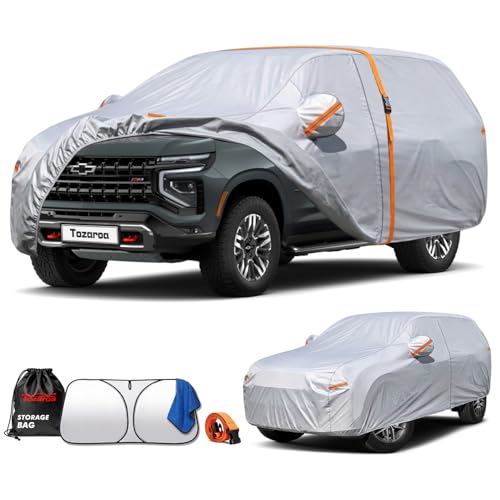 Tozaroa Car Cover Waterproof All-Weather Heavy-Duty Outdoor Full Exterior Automobiles SUV(Length 202-214 inch) with Windshield Sun Shade Universal Fit Chevrolet Tahoe Lincoln MKT GMC Envoy etc