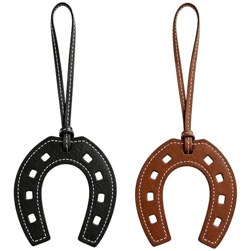 HuanHengOn 2 Pack Leather Horseshoe Keychain Black Brown Lucky Bag Charm