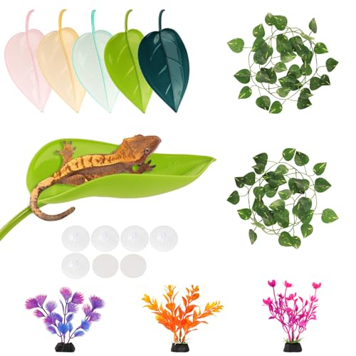 Image of 10Pcs Crested Gecko Tank Accessories, Leaf Shape Bearded Dragon Basking Platform with Suction Cups, Tree Frog Tank and Crested Gecko Accessories
