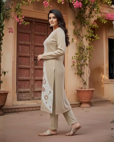 Image of KTI Full Sleeve Knee Length Floral Design Woolen Fabric 3 PC Kurti Set for Women Art NO-94164