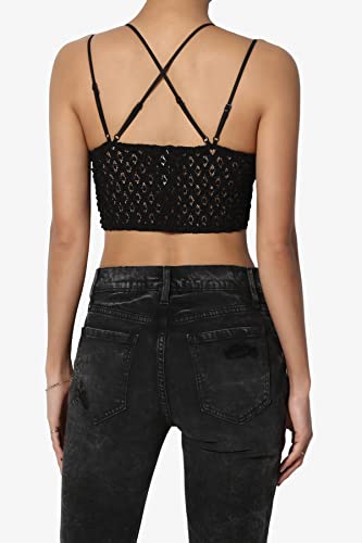 Women's Cross Strap & Stretchy Smocked Back Crochet Lace Bralette Pad Bra Top - Image 3