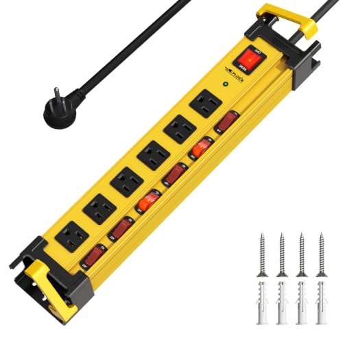 Regleta eléctrica con protector contra sobretensiones, 6 tomas, interruptores individuales, montaje metálico, enchufe plano y gestión de cable, cable de extensión de 6 pies para taller y garaje miniatura 1