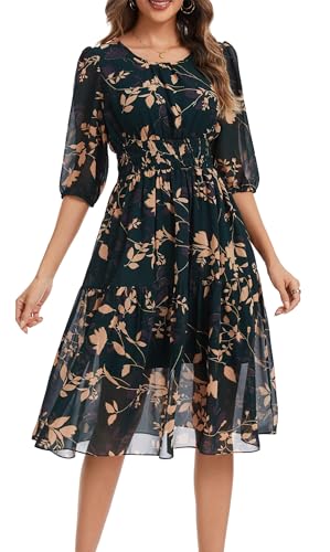 Image of Kormei Women Casual Boho Floral Round Neck 3 /4 Sleeve Smocked Waist Tiered A Line Flowy Swing Midi Dress Long Dresses