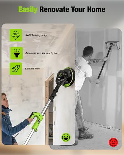 Drywall Sander - ETOOLAB Electric Drywall Sander 1000-2100RPM with Auto Dust Collection 360° Swivel Head, Powerful Wall Sander with 5 Variable Speed LED Lightfor Ceilings, Floors Discs Sander