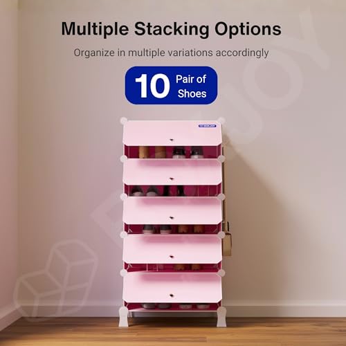 Image of BOXJOY 5 Shelf Plastic Shoe Rack with 5 Doors & 5 Hook Steel Holder (Pink) | Shoes Stand Organiser with Feet, Metal Frame Door & Wooden Hammer for Home Storage to Cover Chappal Slipper Sandals