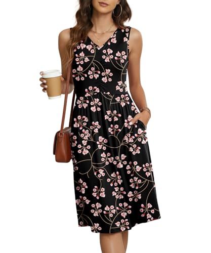 Image of NILOUFO Sleeveless Dress for Women Summer Knee Length Sundress with Pockets | Sundresses for Women Tank Empire Waist Sun Dress Cold Shoulder Casual V Neck Midi Dress Flowy Summer Dresses for Women