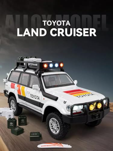 Image of 1:24 Scale Diecast Land Cruiser LC80 Model Car - Metal Pull Back Toy with Opening Doors, Lights & Sounds - Collectible Toy SUV for Boys Age 3-8, Certified Safe Gift for Kids (White)
