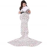 SOUGAO Mermaid Tail Blanket for Kids Teens Adults, Handmade Knitted Crochet Gorgeous & Cosy Blanket, Sleeping Bag, Warmer Wearable-Blankets (White 195 * 95cm,750g)