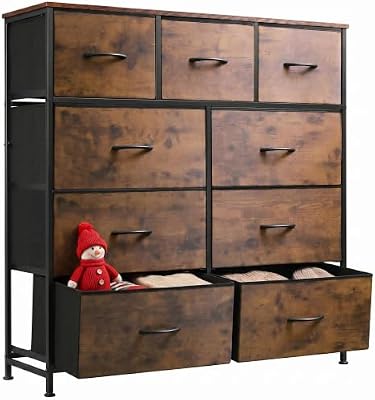WLIVE 9-Drawer Dresser, Fabric Storage Tower for Bedroom, Hallway, Entryway, Closet, Tall Chest Organizer Unit with Fabric Bins, Steel Frame, Wood Top, Easy Pull Handle, Rustic Brown Wood Grain Print