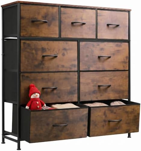 WLIVE 9-Drawer Dresser, Fabric Storage Tower for Bedroom, Hallway, Entryway, Closet, Tall Chest Organizer Unit with Fabric Bins, Steel Frame, Wood Top, Easy Pull Handle, Rustic Brown Wood Grain Print