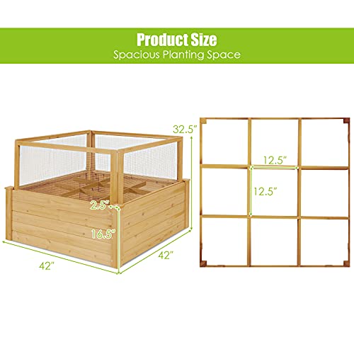 Giantex Raised Garden Bed With Fence, Wood Planter Raised Bed With Critter Guard Fence, 9 Grids Plant Container, Outdoor Plant Box For Garden Patio Backyard Balcony (42" Lx42 Wx32.5 H) #TOP6