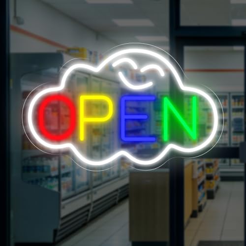 Image of Cloud Open Neon Sign For Business, Rainbow Open Welcome LED Light | USB Powered Dimmable Cloud Open Window Decor Stores Restaurants Offices Shops Bar Cafe Wall Decoration, 16.7 inchx10.6 inch