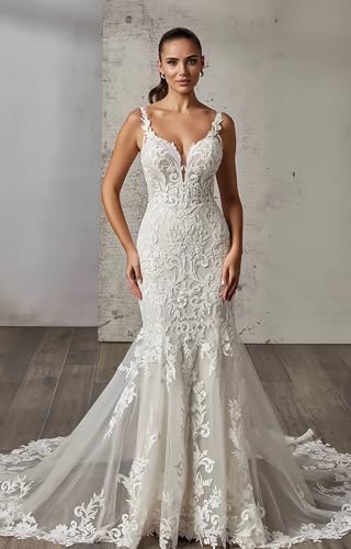 Mermaid Tulle Wedding Dresses for Bride 2025 Lace Appliques Spaghetti Straps V Neck Bridal Gown with Train2