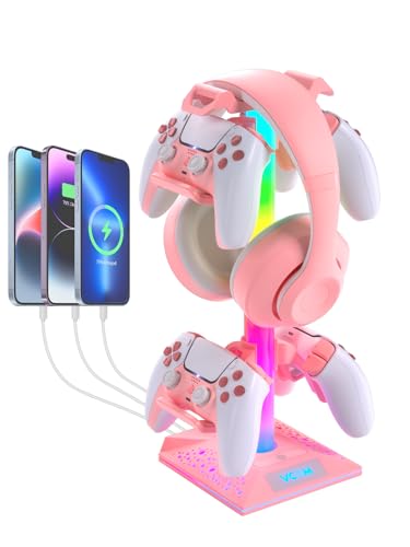 VCOM RGB Gaming Headphones Stand with 2 USB and 1 Type-C Ports, Pink Headset Stand with 10 Light Modes and Non-Slip Rubber,Suitable for PC Desk Accessories Gamers Gift(Pink)