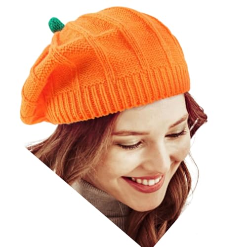 Halloween Beret Hat Pumpkin Knit Beanie Plush Toddlers Cute Winter Warm Cap for Baby Mother Adult (Adult) Orange